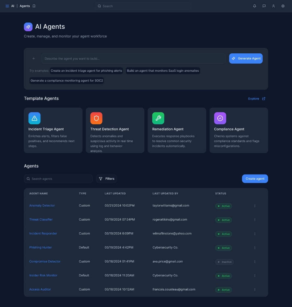 Central platform view for managing and creating AI agents
