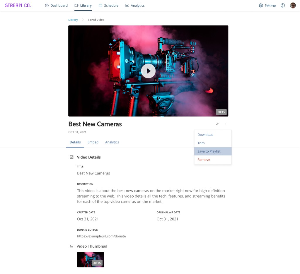 Video details page with player