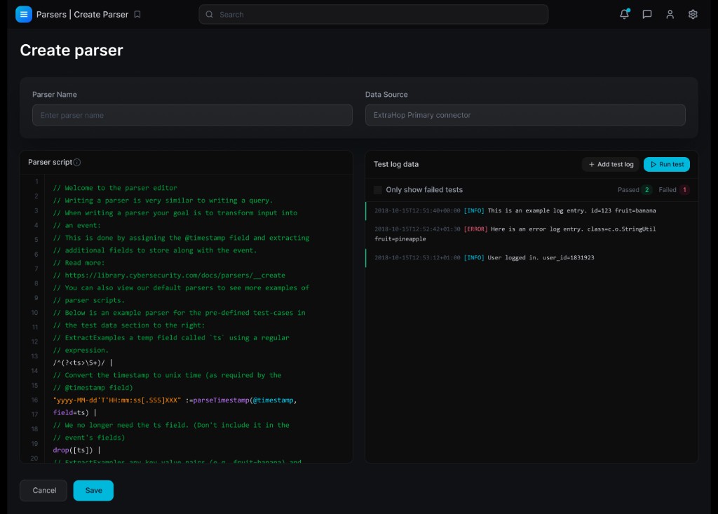 Parser editor with script surface and live test logs.