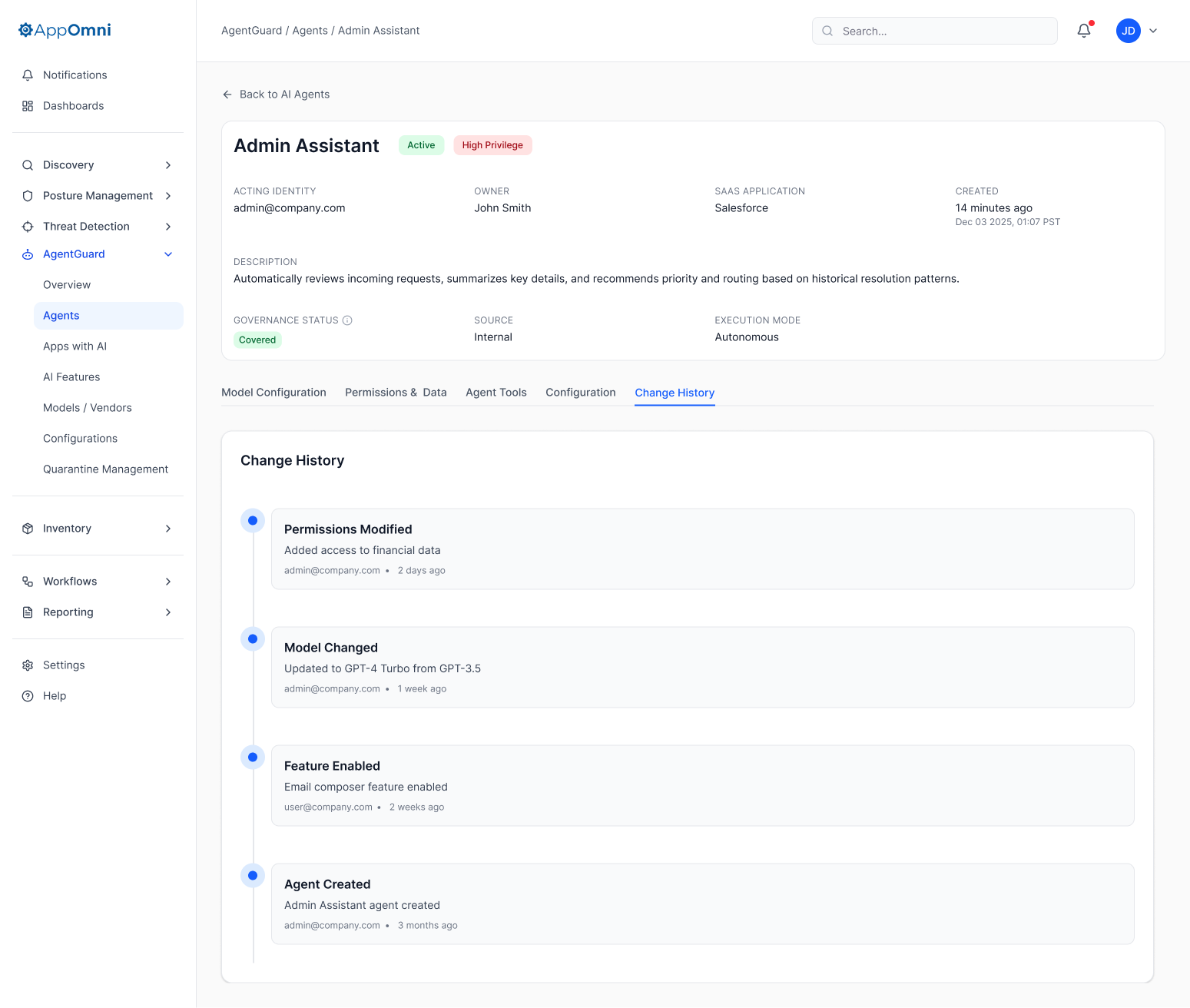Agent Change history timeline