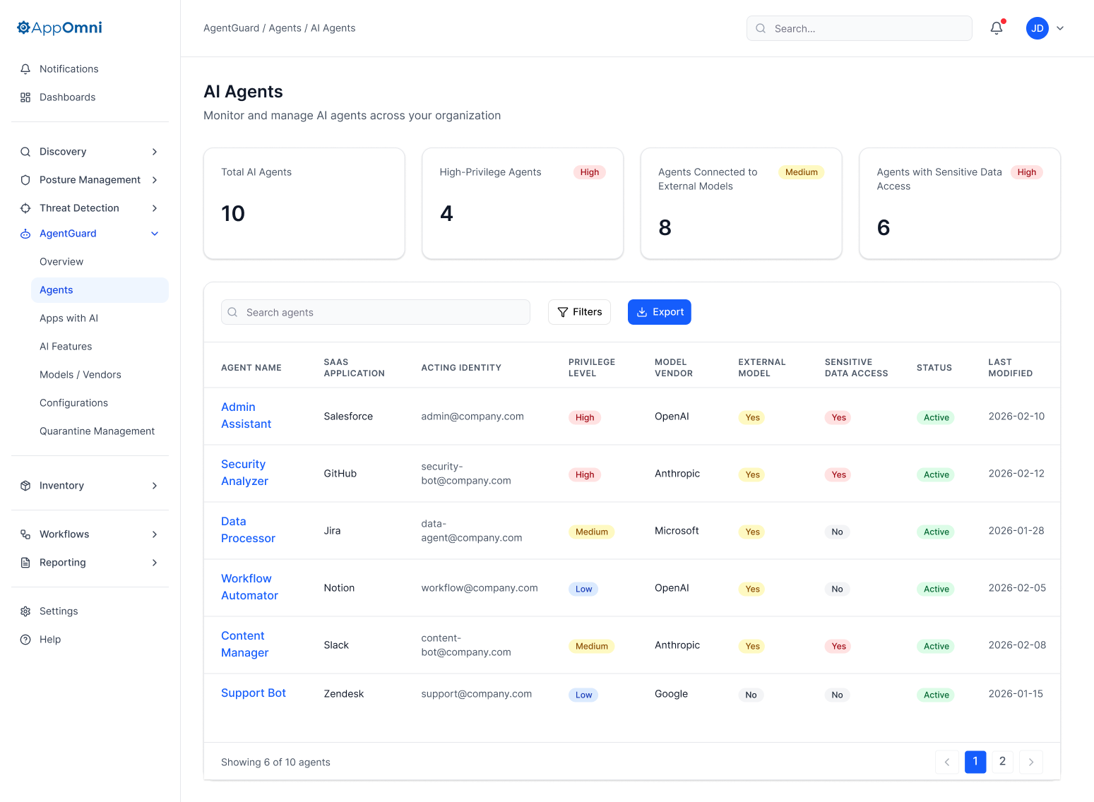 AgentGuard AI Agents inventory showing agents across SaaS apps with privilege level, model vendor, external model usage, and sensitive data access