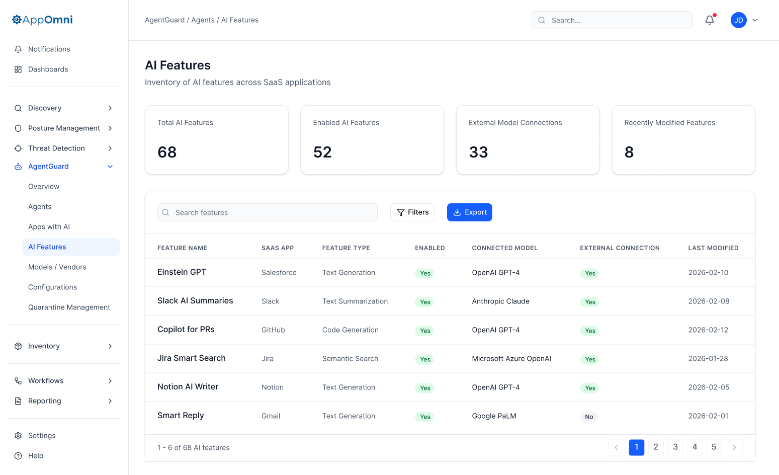 AgentGuard AI Features inventory listing AI features across SaaS apps with connected model and external connection status