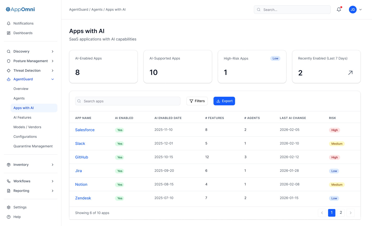 AgentGuard Apps with AI inventory showing AI-enabled SaaS apps, enablement dates, feature and agent counts, and risk level