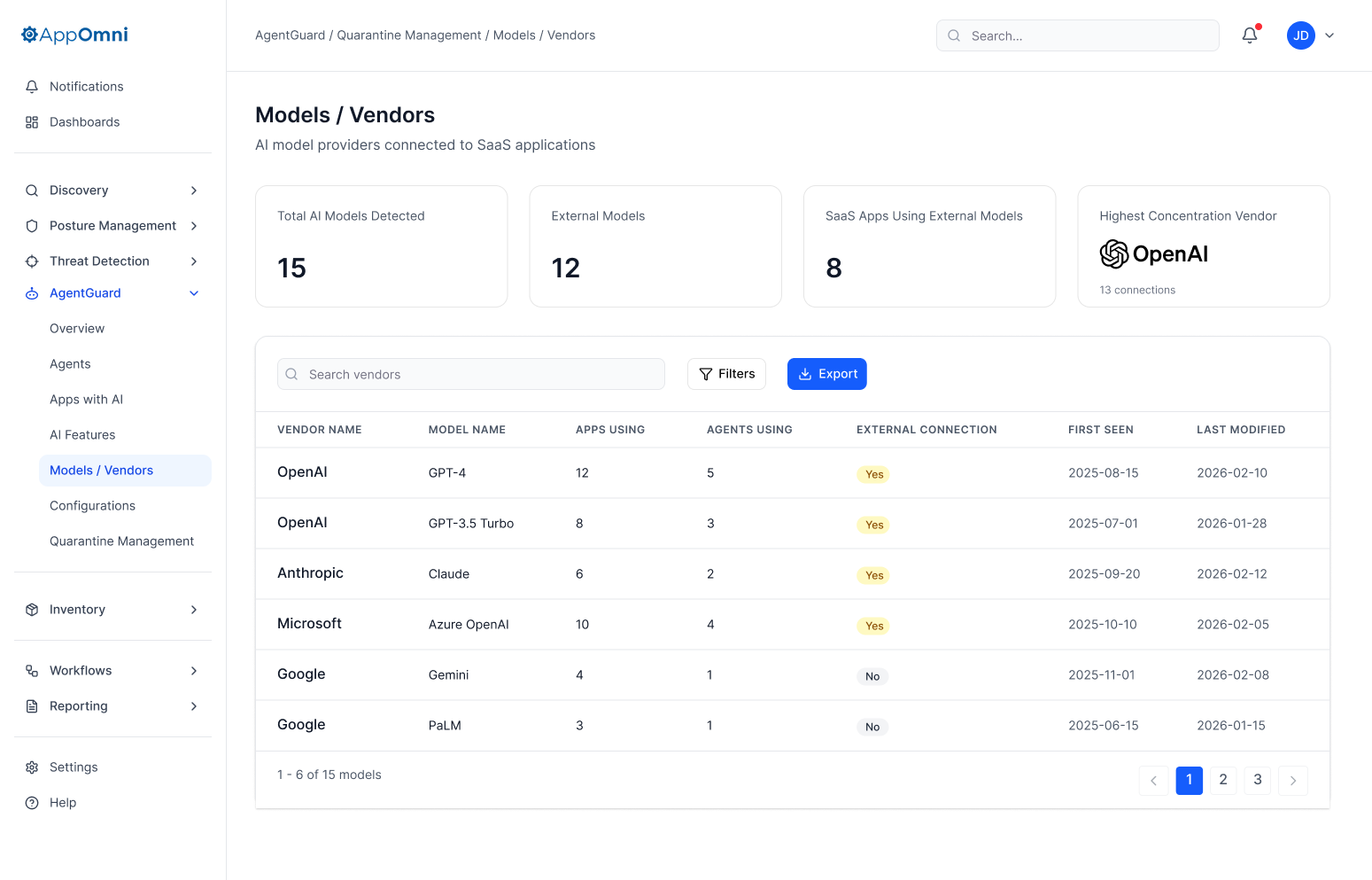 AgentGuard Models / Vendors inventory showing connected model providers, apps using each model, external connections, and last modified