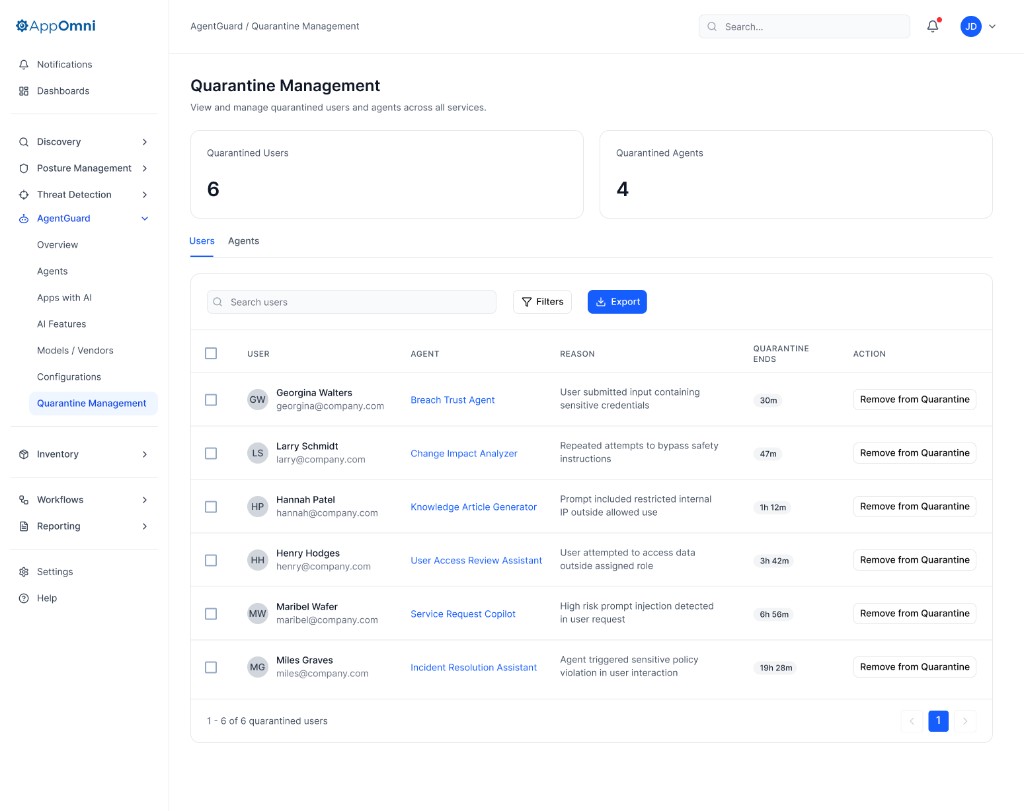 AgentGuard Quarantine Management page listing quarantined users and agents with reasons, duration, and remove-from-quarantine actions